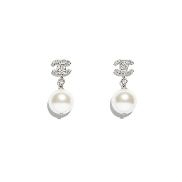 CHANEL Silver and Pearly Drop Dangling Logo Earrings - Picture 1 of 10